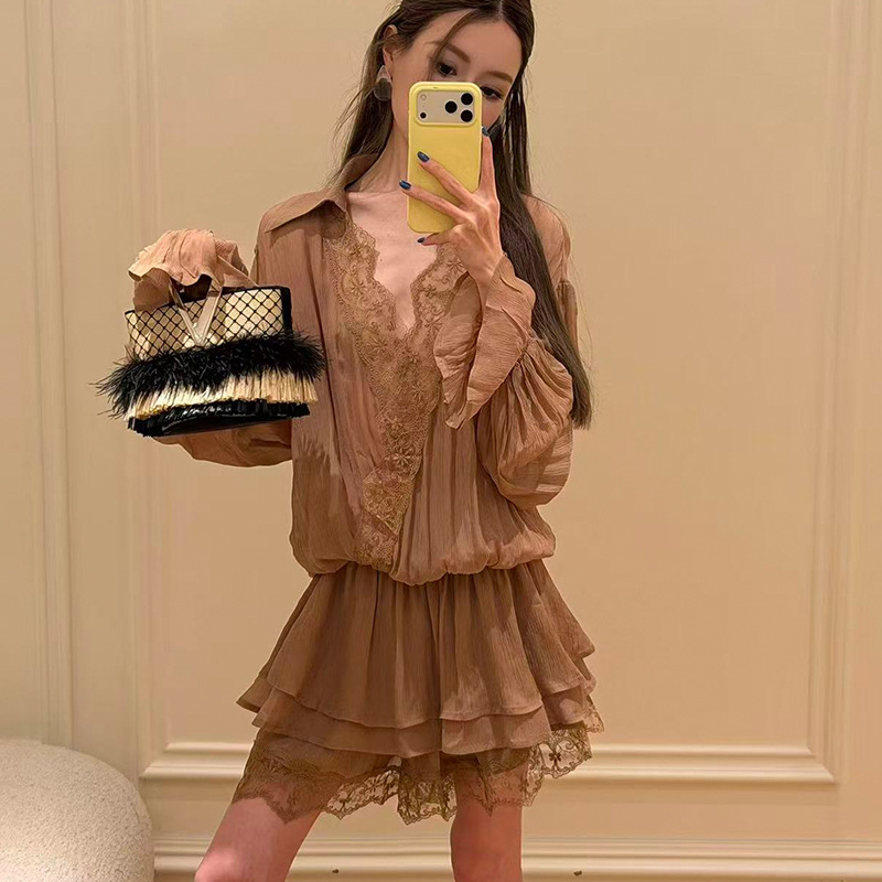 Korean Style Lace Patchwork Shirt Dress - Image 4