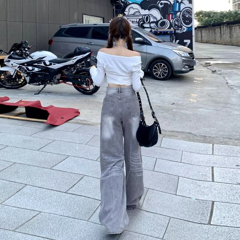 American Retro Loose Fit Wide Leg Denim Pants for Women - Image 3