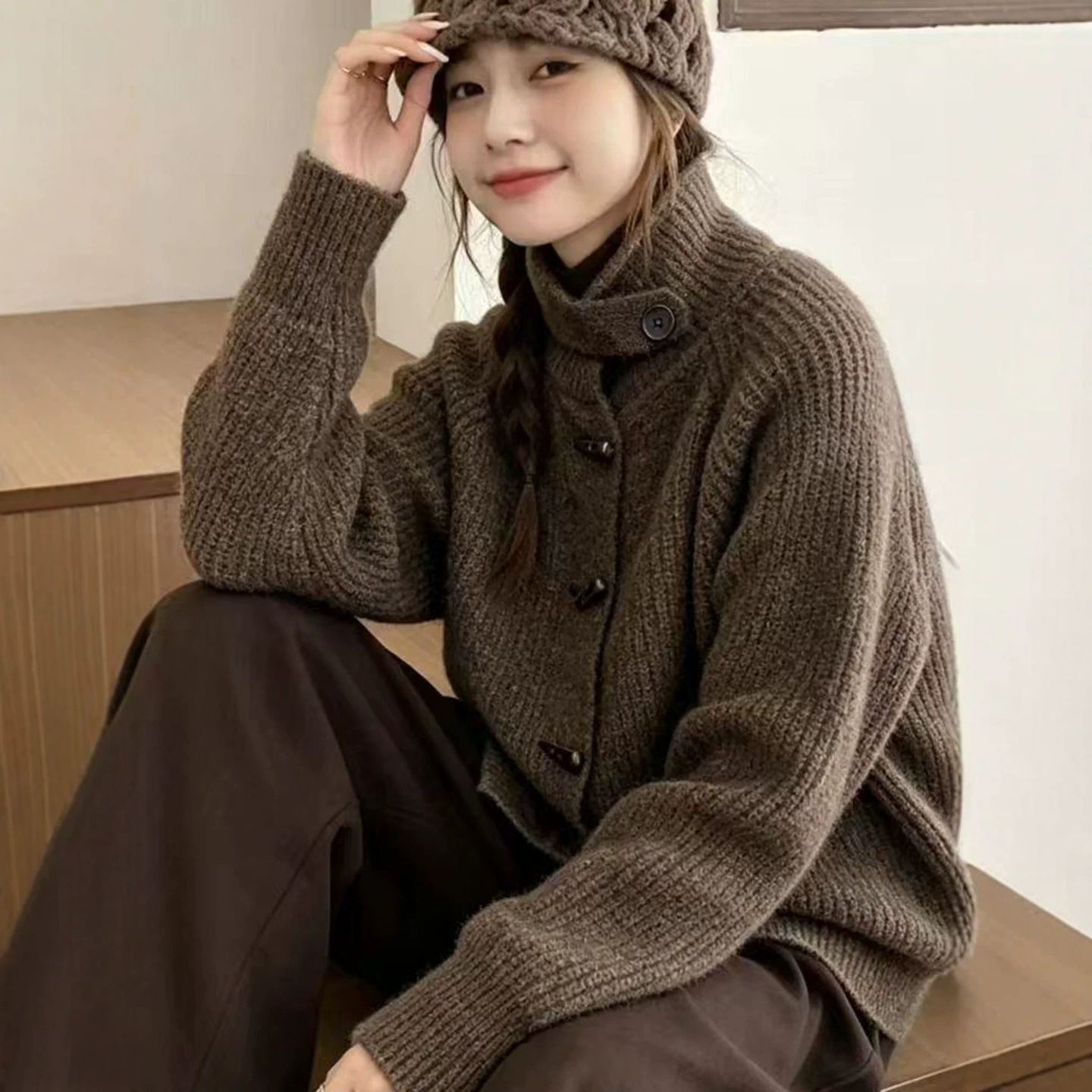 Women Knitted High Collar Cardigan Horn Button Thick Sweater - Image 5
