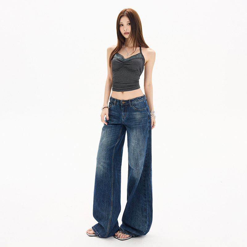 Women's Low-Rise Cotton Straight-Leg Dark Blue Denim Jeans - Image 4