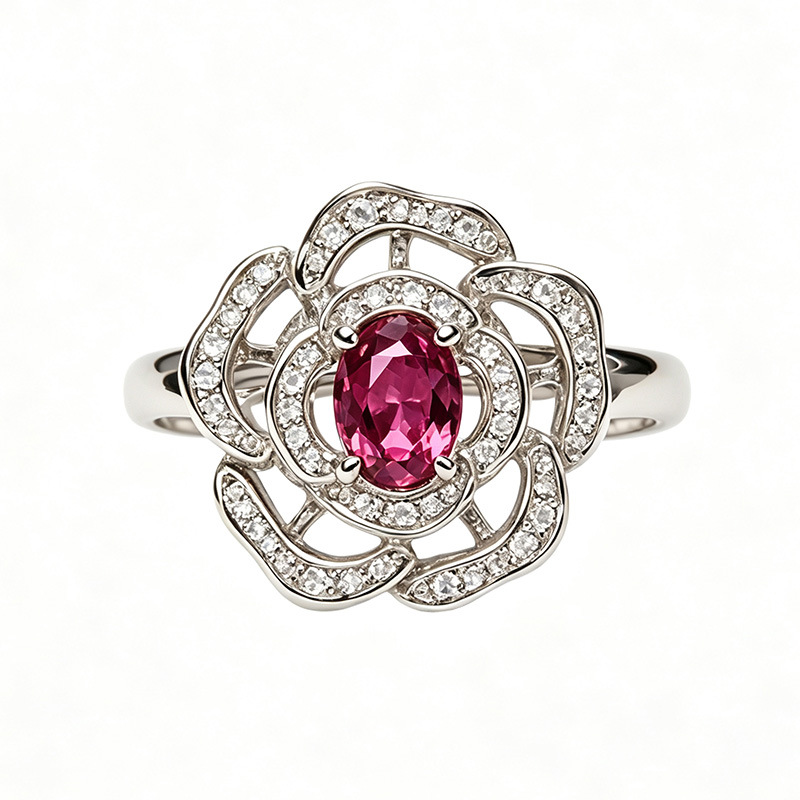Silver Natural Birthstone Flower Vintage Adjustable Ring - Image 2