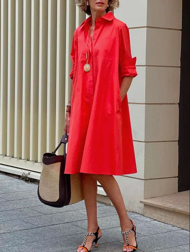Women Solid Color Polo Collar Long Sleeve Mid-Length Dress - Image 3