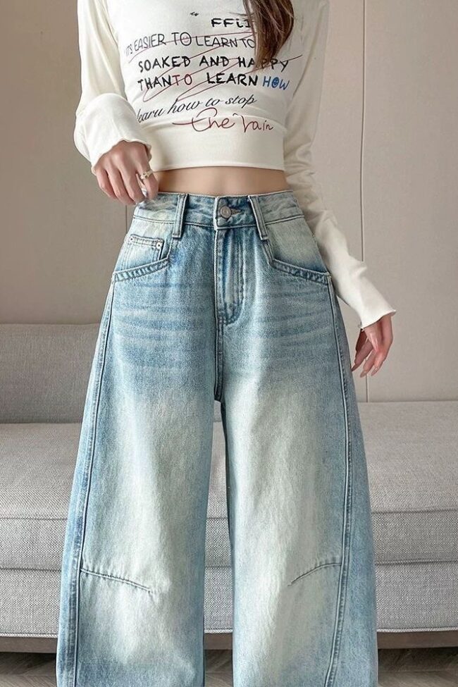 The Carine Vintage Blue High Waisted Curved Leg Denim Trousers Detail – La Rose Couture Trousers & Skirts