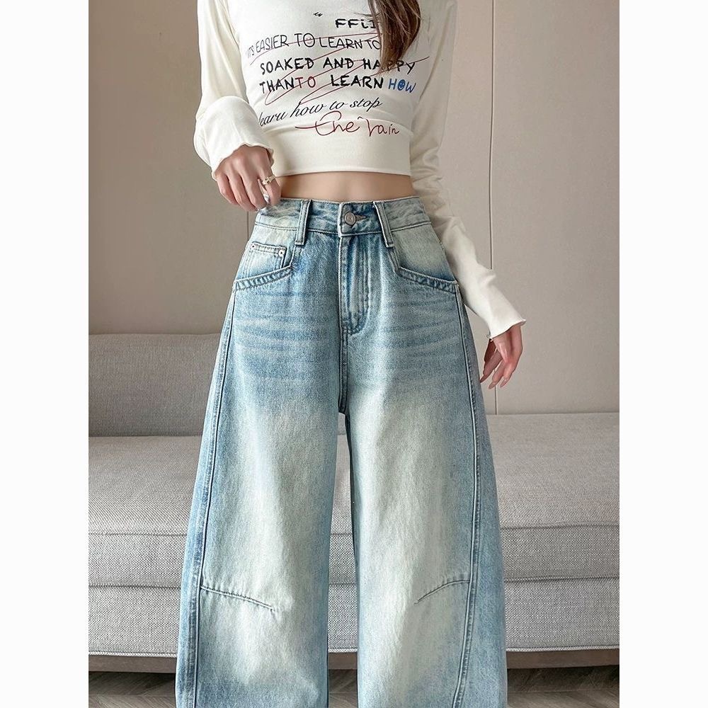 Women's Vintage Blue High-Waisted Curved-Leg Denim Trousers - Image 2