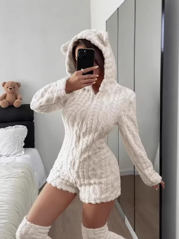 Womens Casual Solid Color Hooded Long Sleeve Plush Jumpsuit - Image 4
