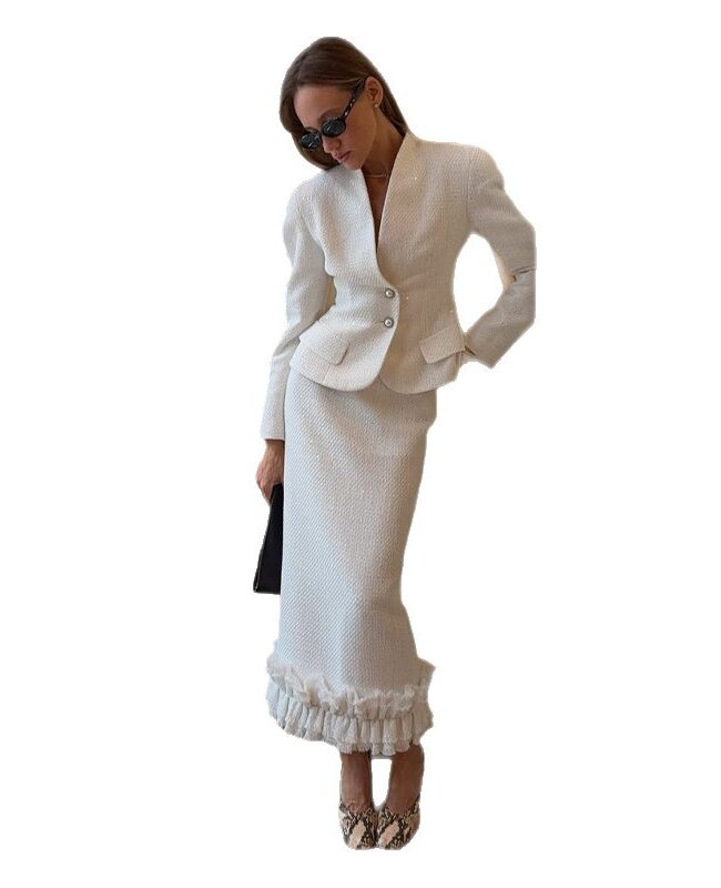 The Vivienne Elegant Two Piece V Neck Long Sleeve White Skirt Suit Detail – La Rose Couture Trousers & Skirts