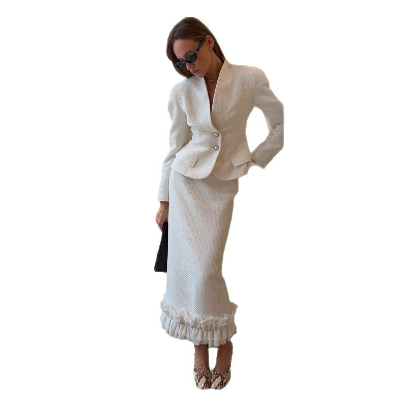 Women's Elegant Two-Piece V-Neck Long Sleeve White Skirt Suit - Image 4