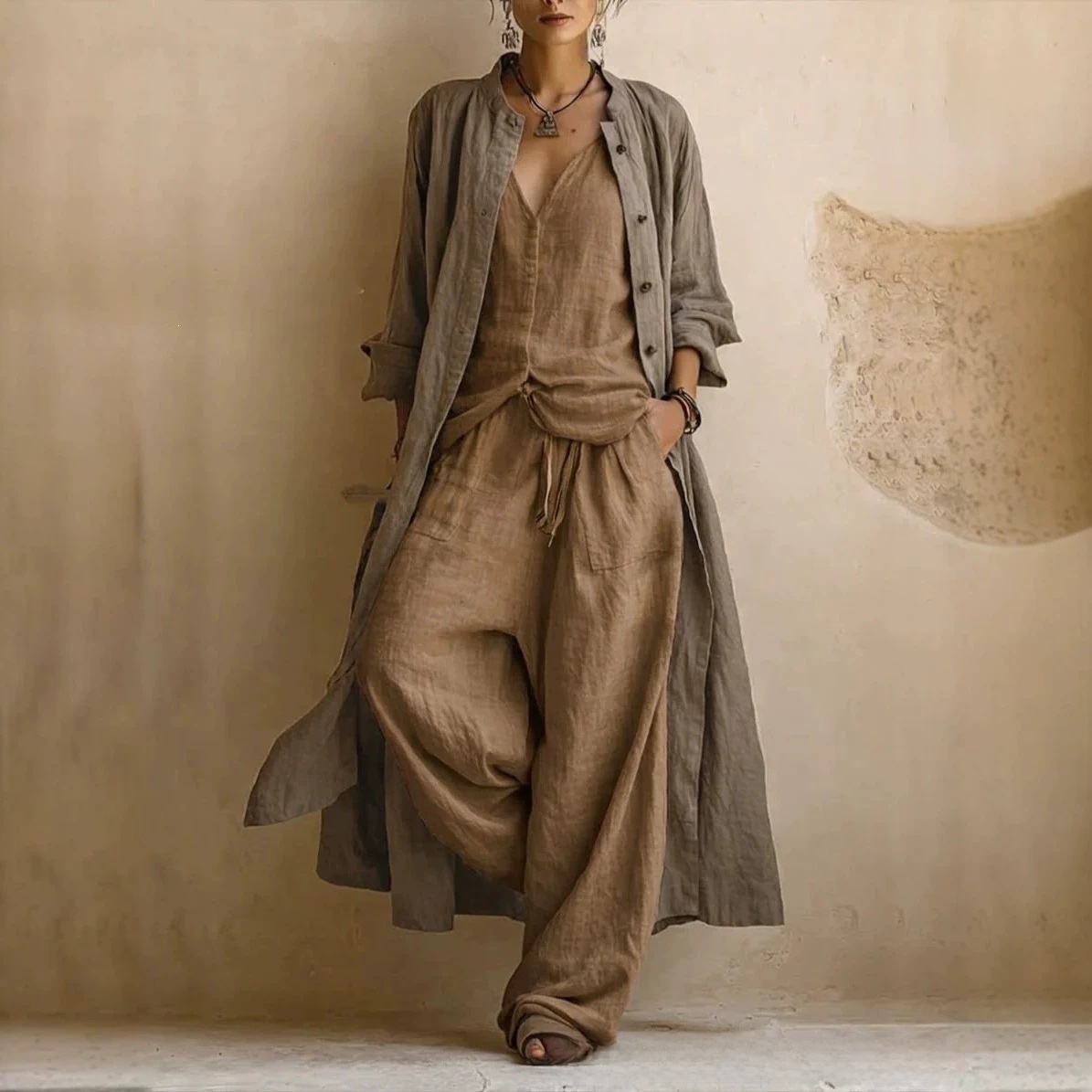 Women Solid Color Wide Leg Pants Set - Image 5