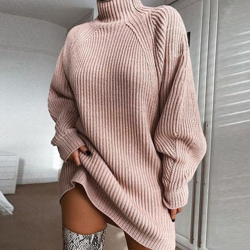 Knitted solid-color half-collared shoulder-sleeved dress - Image 4