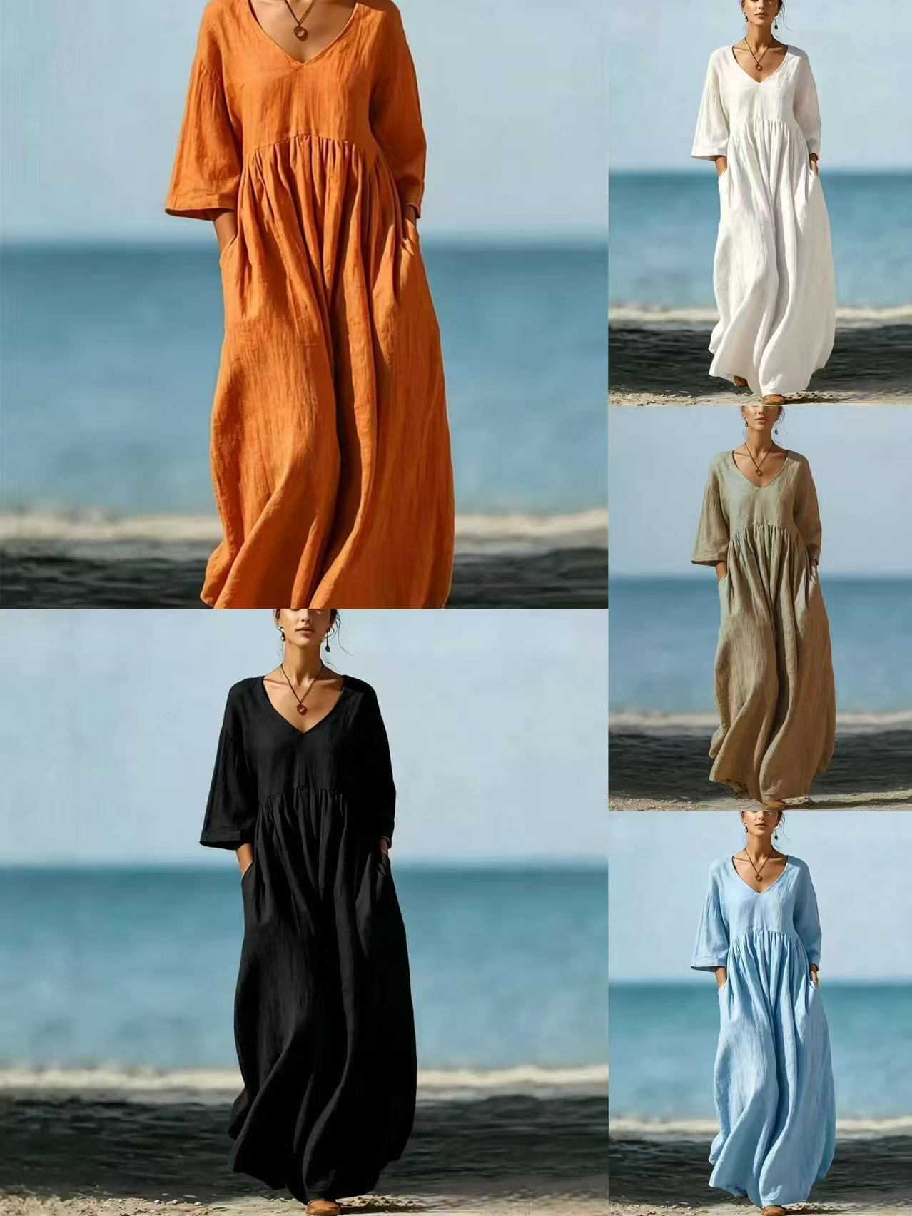 V-Neck Half-Sleeve Casual Loose Long Cotton-Linen Blend Dress