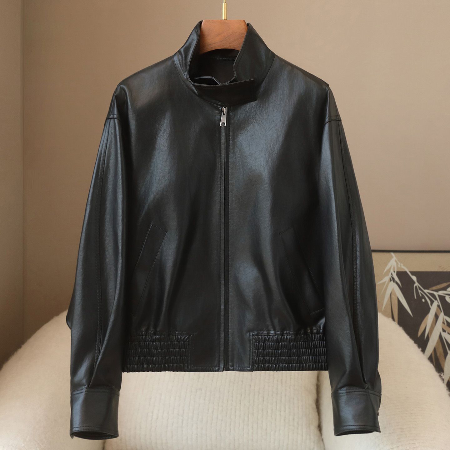 Women Stand Collar PU Leather Jacket