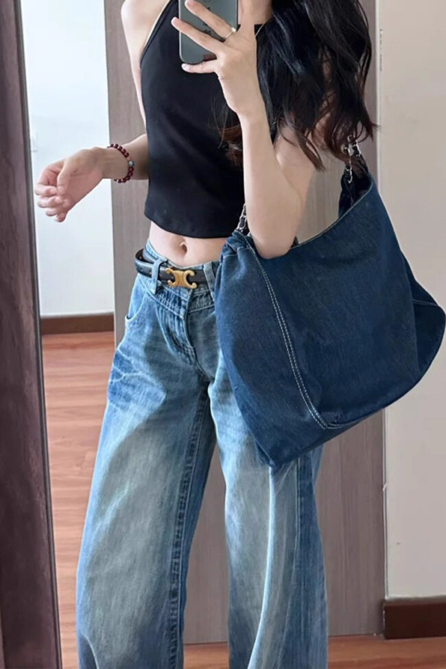 Vintage Washed Blue Wide Leg Denim Pants Detail – La Rose Couture Trousers & Skirts