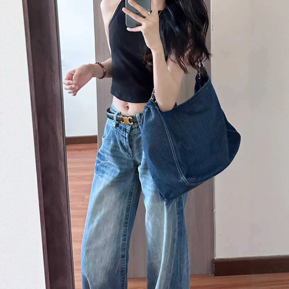 Vintage Washed Blue Wide-Leg Denim Pants - Image 4