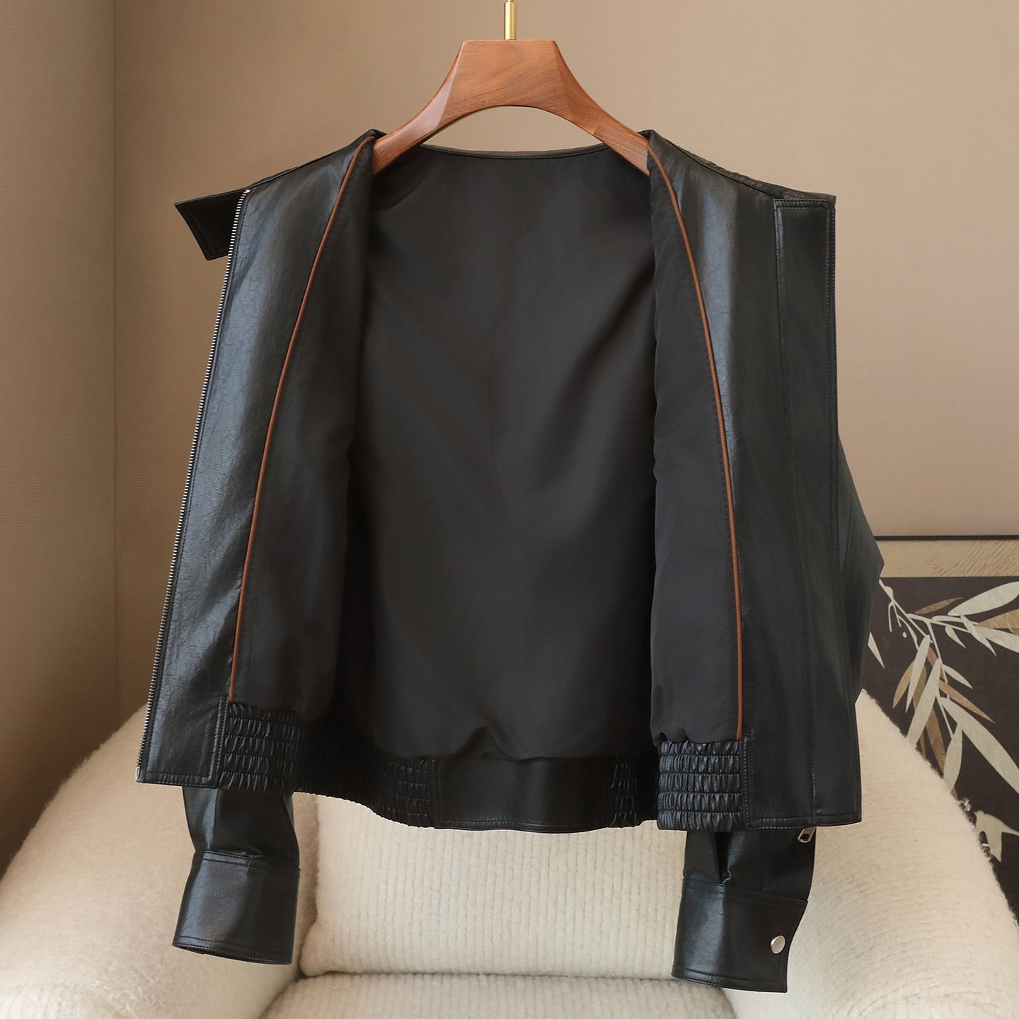 Women Stand Collar PU Leather Jacket - Image 5
