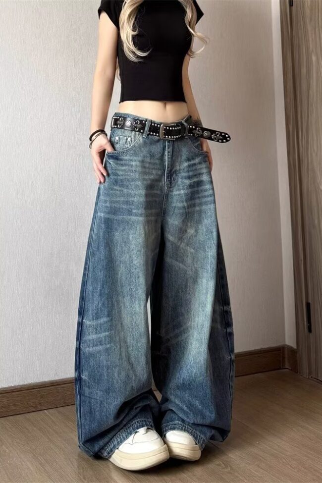 The Astrid Vintage Distressed High Waist Wide Leg Floor Length Denim Pants Detail – La Rose Couture Trousers & Skirts