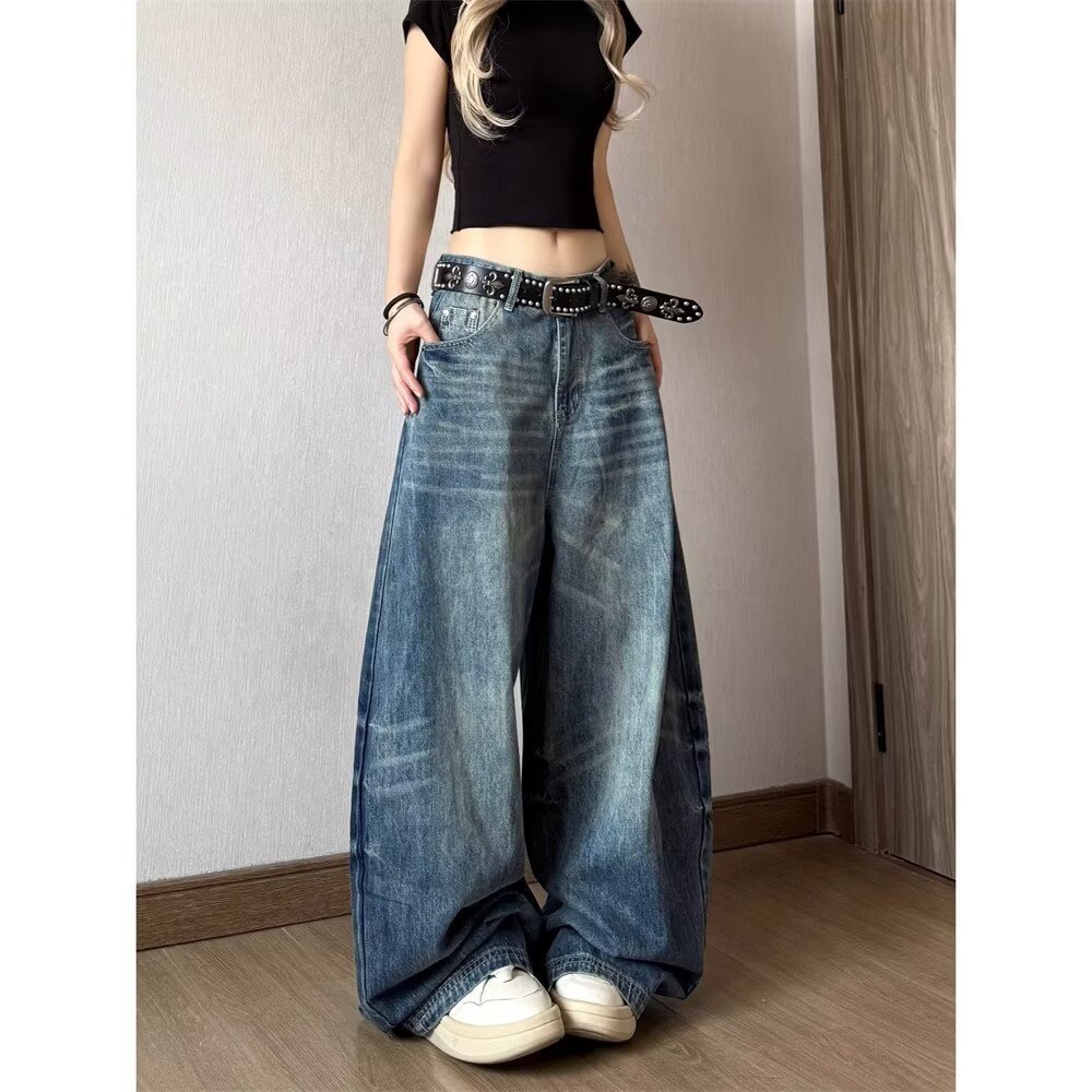 Vintage Distressed High-Waist Wide-Leg Floor-Length Denim Pants for Women - Image 5