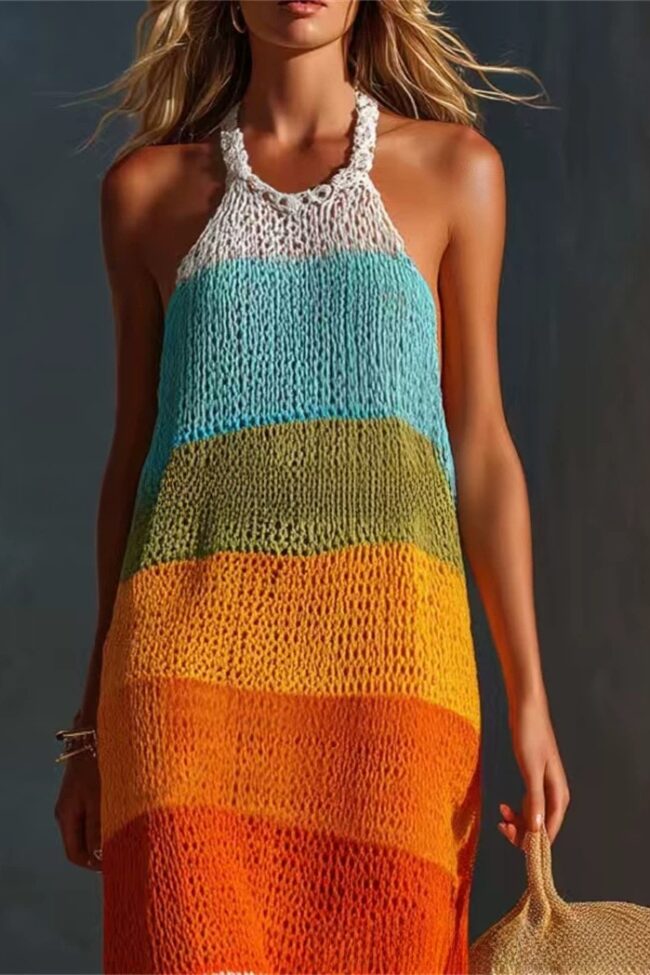 The Anais Large Stripe Patchwork Round Neck Sleeveless Knit Long Dress Detail – La Rose Couture Dresses & Gowns