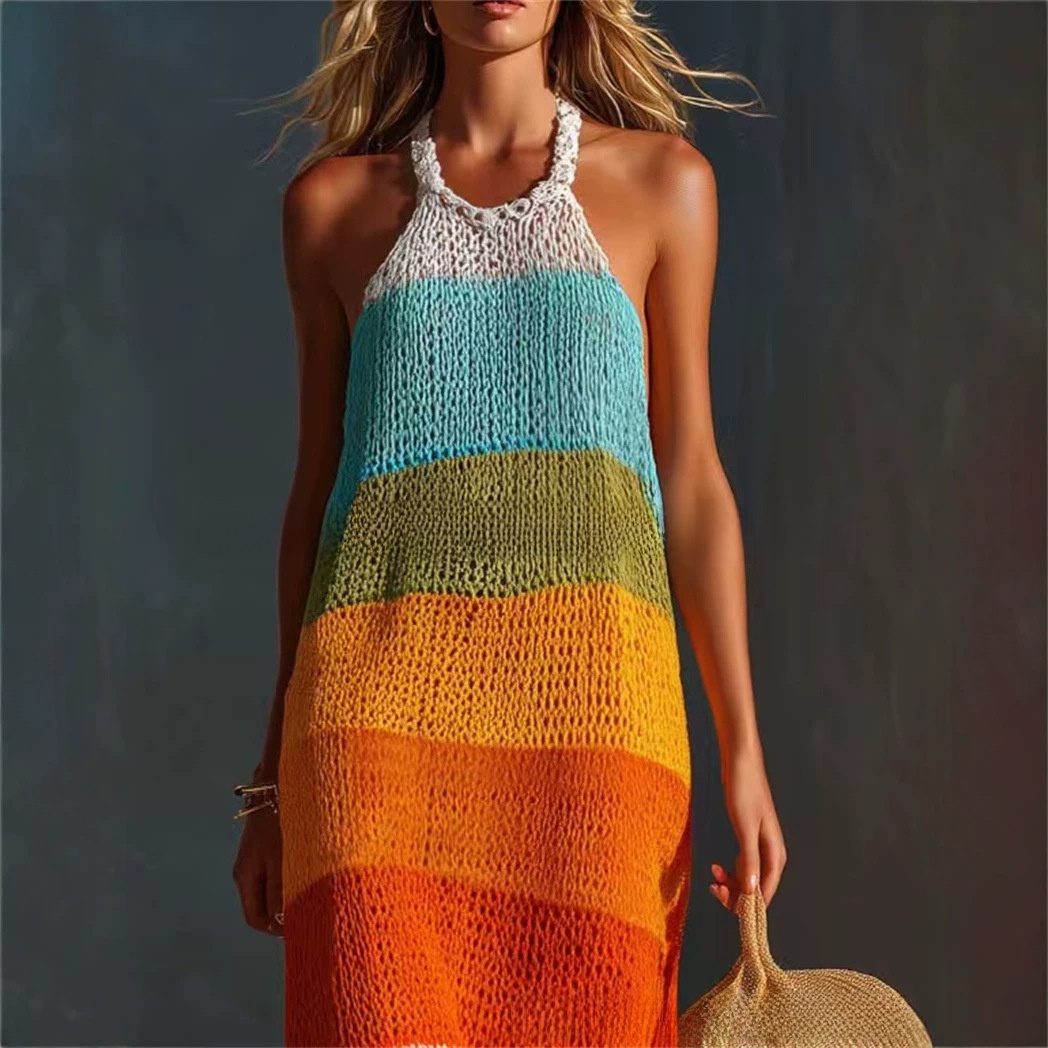 Large Stripe Patchwork Round Neck Sleeveless Knit Long Dress - Image 4
