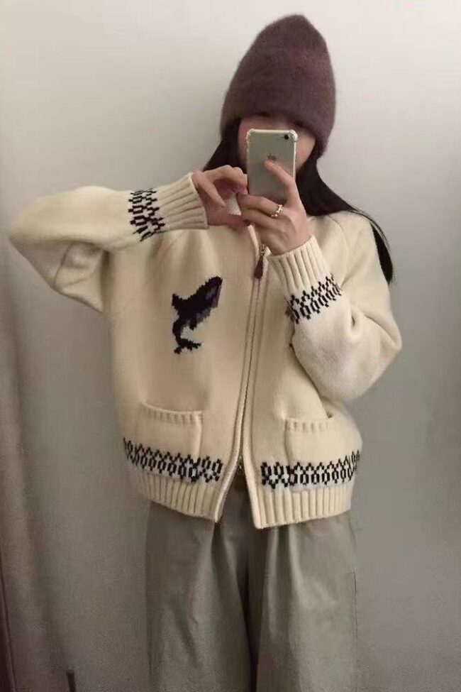 The Muriel Zipper Lapel Jacquard Knitted Sweater Cardigan – La Rose Couture Coats & Jackets