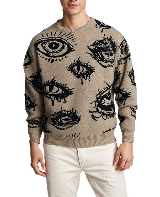 The Nathalie Jacquard Eye Pattern Round Neck Long Sleeve Loose Knit Pullover Detail – La Rose Couture Coats & Jackets