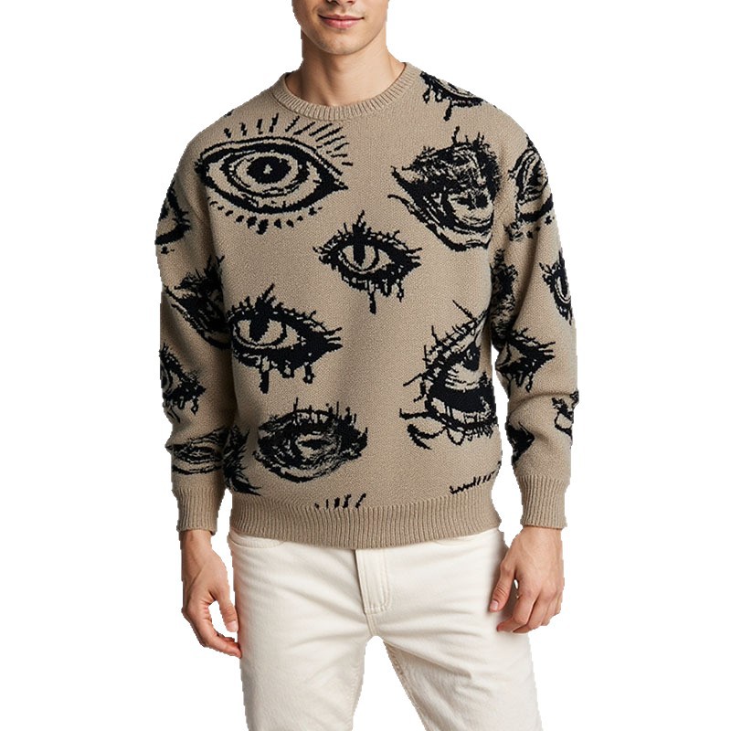 Men's Jacquard Eye Pattern Round Neck Long Sleeve Loose Knit Pullover - Image 5