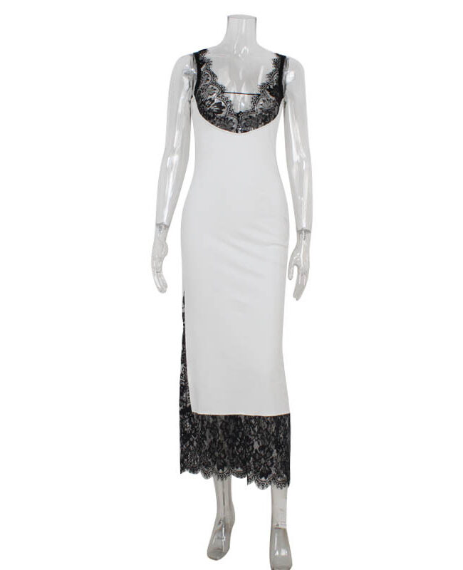 The Justine Sleeveless Strap V Neck Lace Stitching Elegant Dress Detail – La Rose Couture Dresses & Gowns