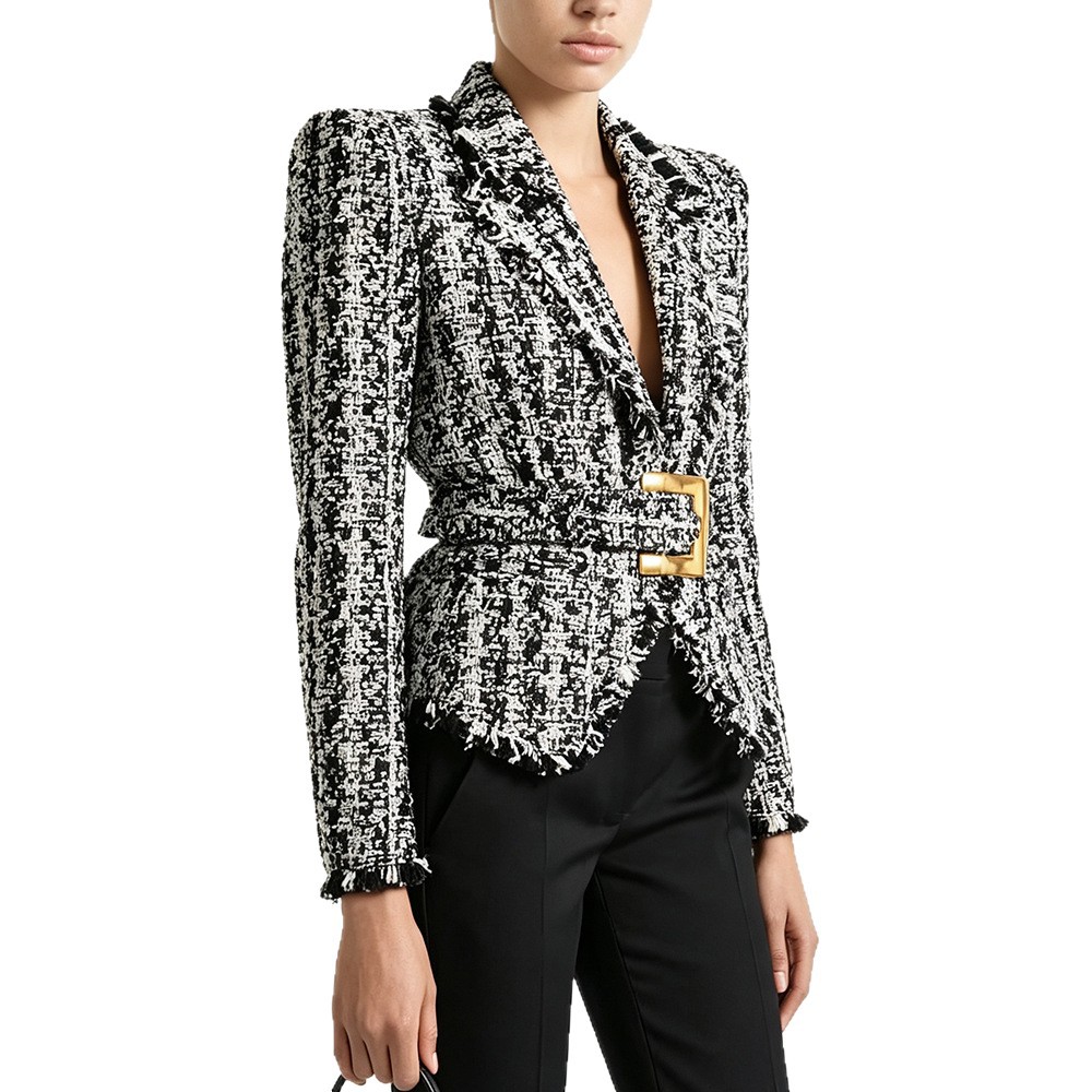 Women's Fringed Tweed Jacket Slim Fit Belted Suit Collar Long Sleeve Coat - Image 5
