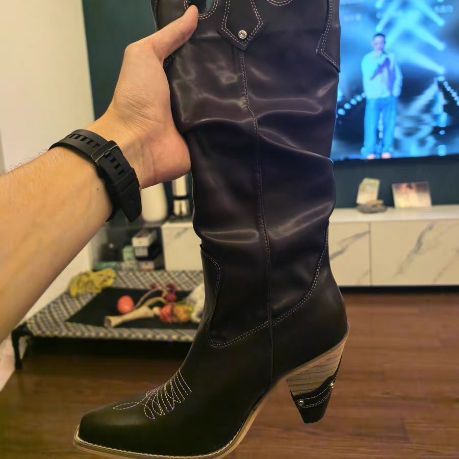 Women's Soft Leather Pointed Toe Hollow-Out High Heel Long Boots - Image 2