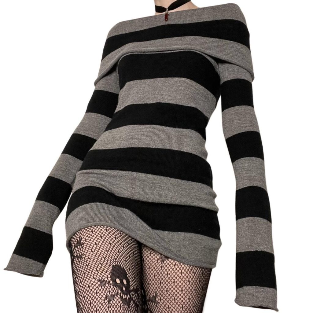 The Laurene Striped Off Shoulder Knitted Sweater Dress – La Rose Couture Dresses & Gowns