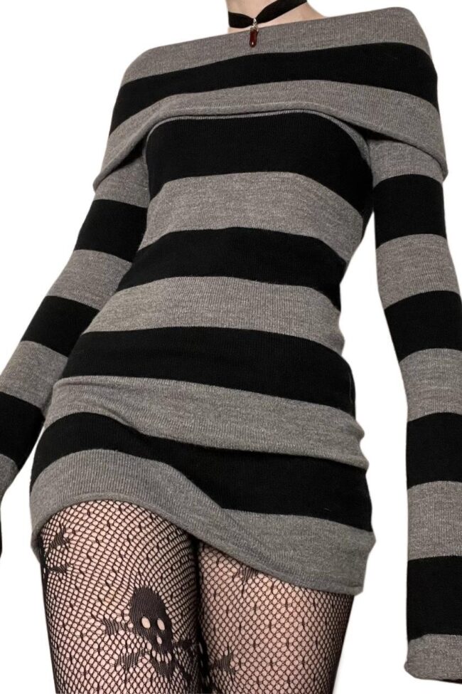 The Laurene Striped Off Shoulder Knitted Sweater Dress – La Rose Couture Dresses & Gowns