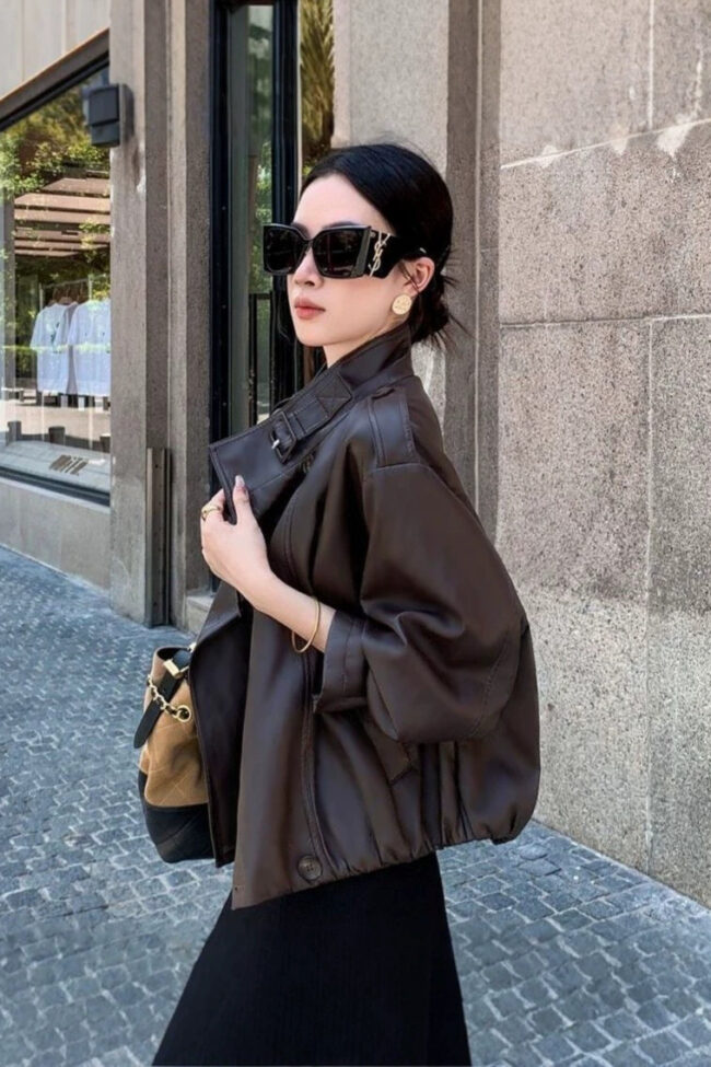 The Eugenie Vintage Washed Leather Jacket Loose Fit Double Breasted Outerwear – La Rose Couture Coats & Jackets