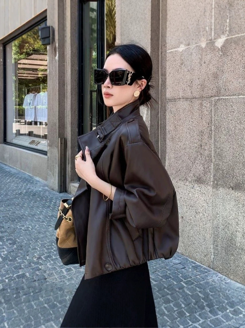 Women's Vintage Washed Leather Jacket Loose Fit Double Breasted Outerwear