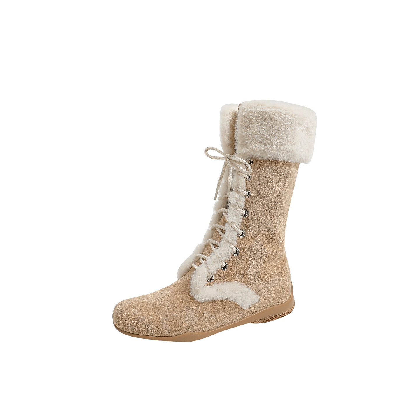 Cream flat-bottomed high-heeled padded warm mid-calf boots - Image 3