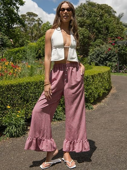 High Waist Plaid Wide Leg Pants - Image 3