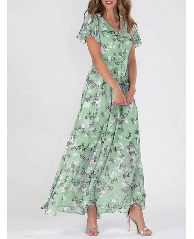 The Hortense Floral Print Chiffon V Neck Ruffled Swing Dress Short Sleeve Midi Beach Long Detail – La Rose Couture Dresses & Gowns