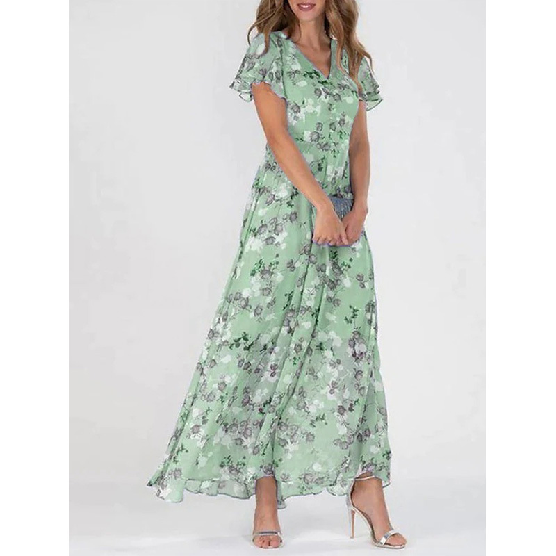 Womens Floral Print Chiffon V Neck Ruffled Swing Dress Short Sleeve Midi Beach Long Dress - Image 2