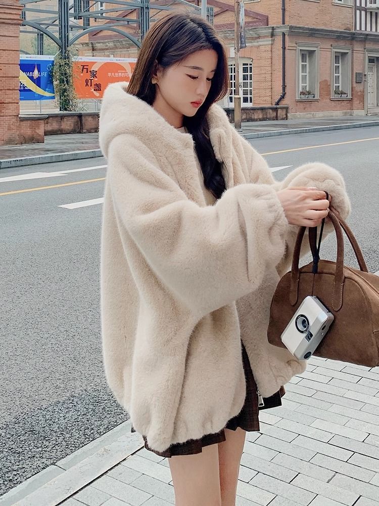 Women Short Plush Hooded Coat - Image 3