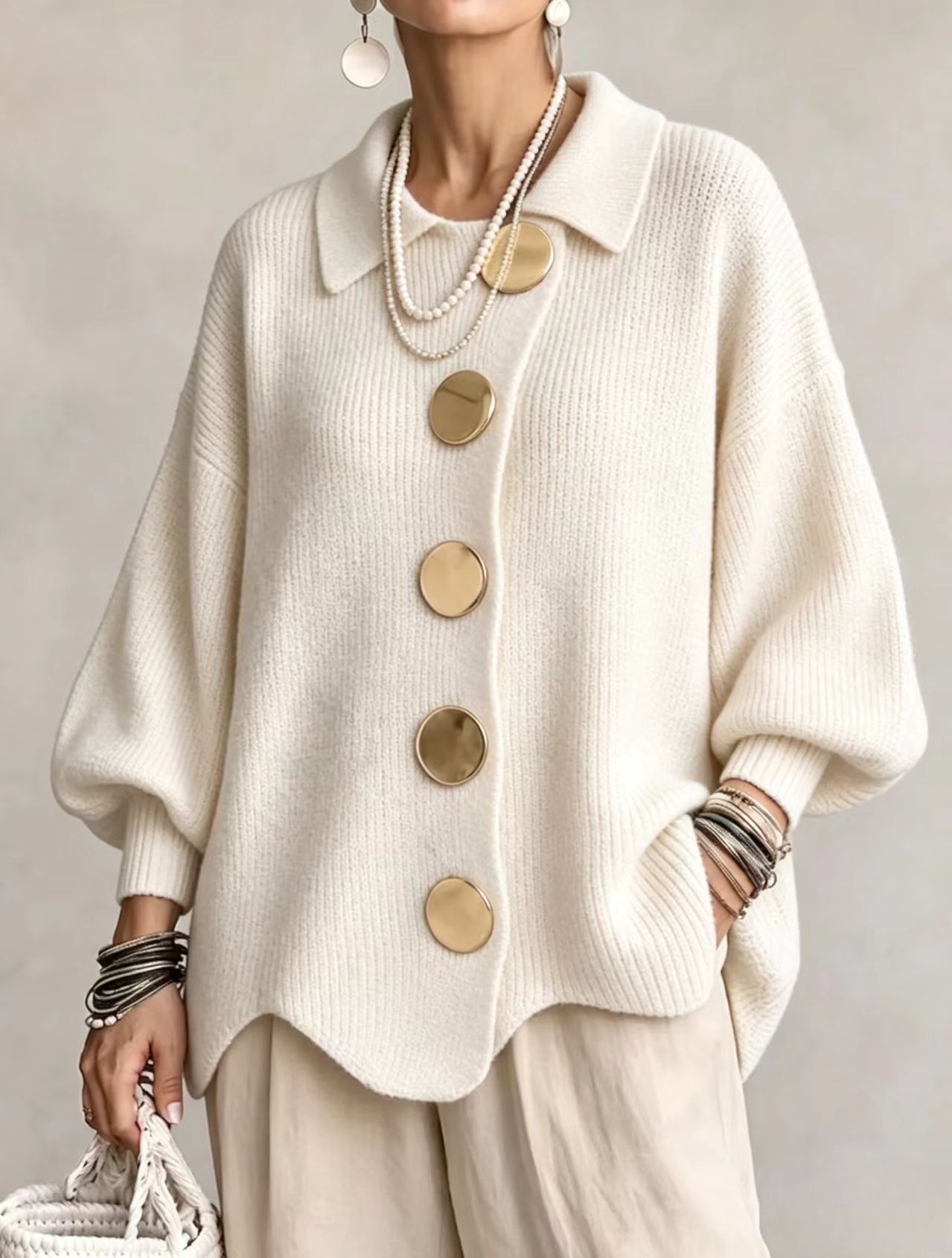 Women's knitted coat wave hem retro loose cardigan - Image 4