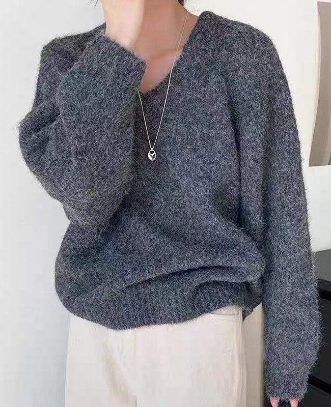 The Mathilde V Neck Knitted Pullover Long Sleeve Loose Fit Sweater Detail – La Rose Couture Tops & Blouses