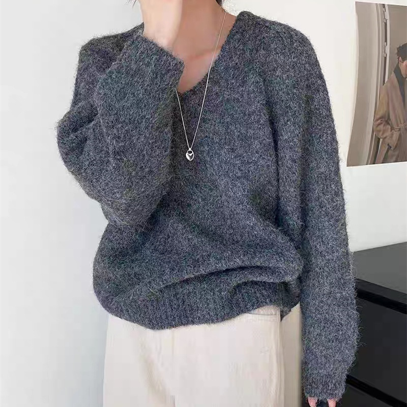 Solid Color V-Neck Knitted Pullover Long Sleeve Loose Fit Sweater for Women - Image 4