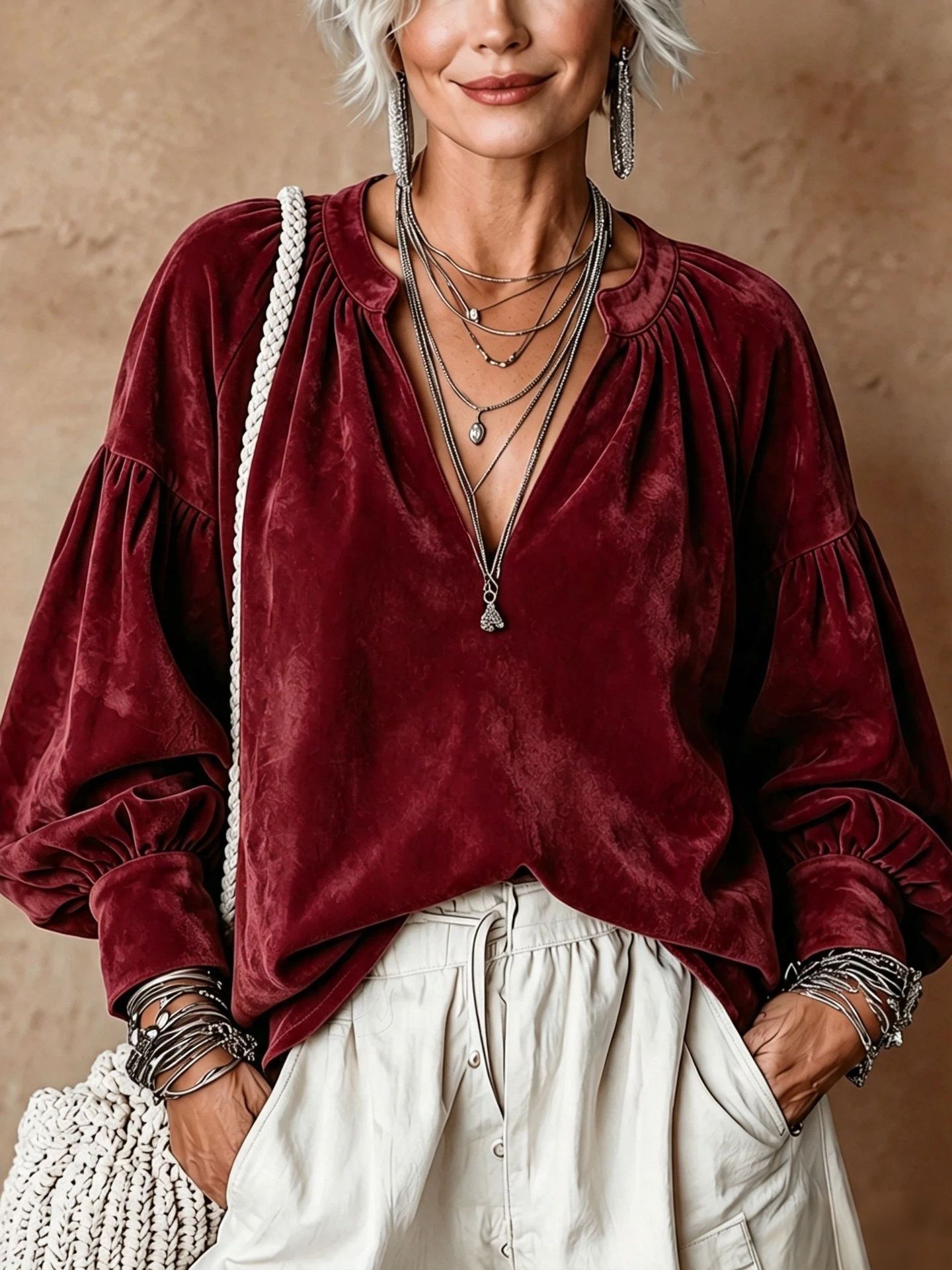 Women's Retro Ruched V-Neck Suede Loose Top - Image 2