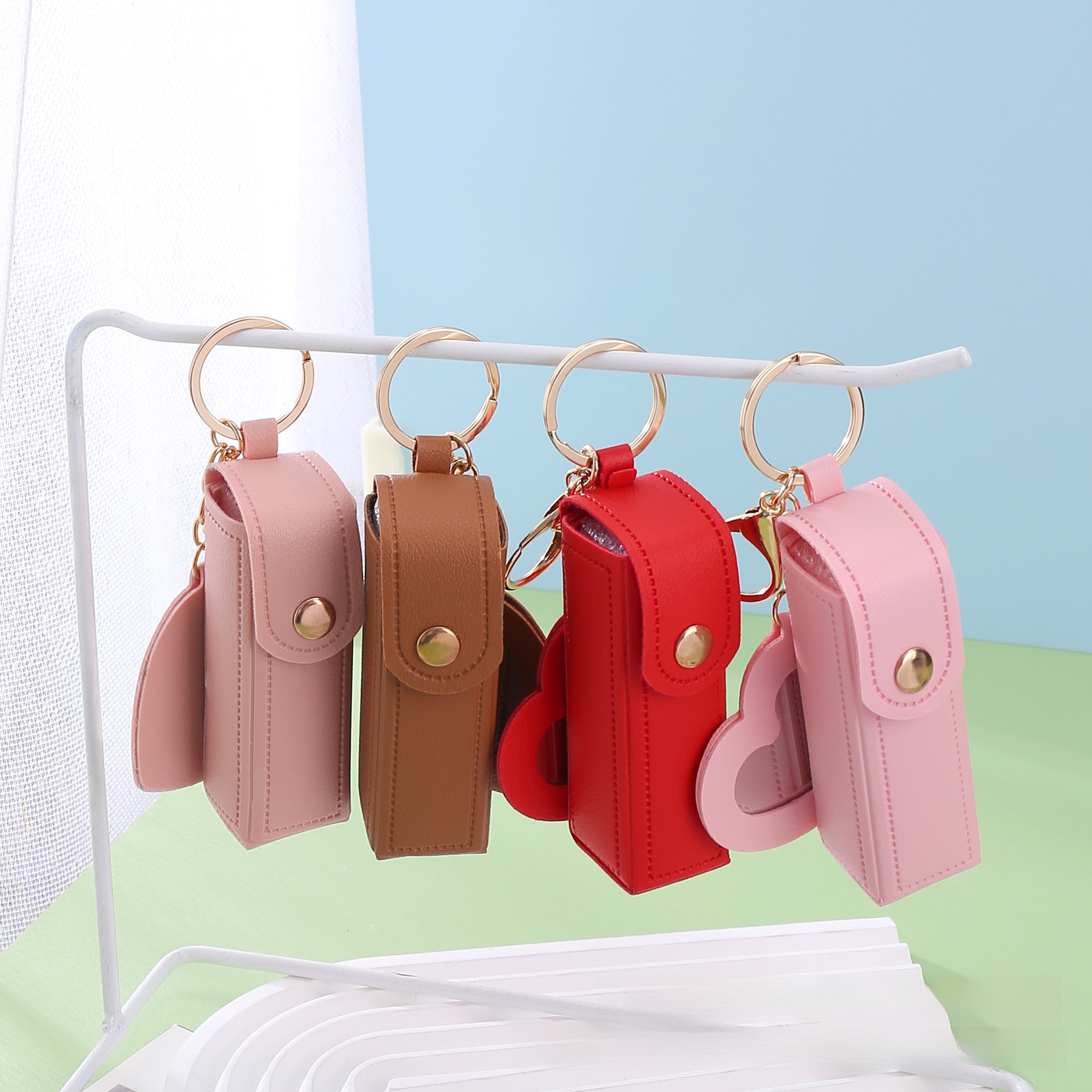 Portable PU Leather Lipstick Pouch with Mirror and Keychain - Image 3