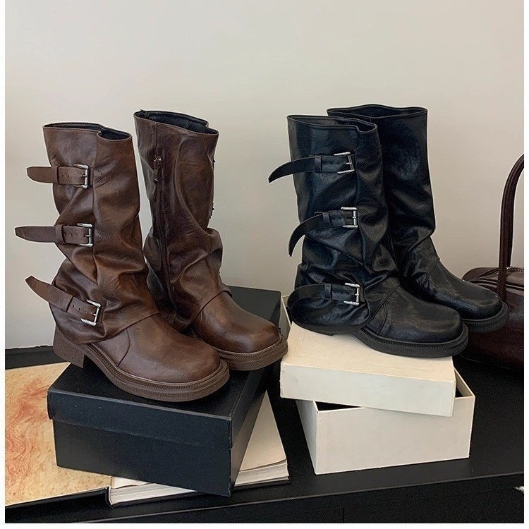 Womens Square Toe Chunky Heel Mid Calf Boots - Image 5