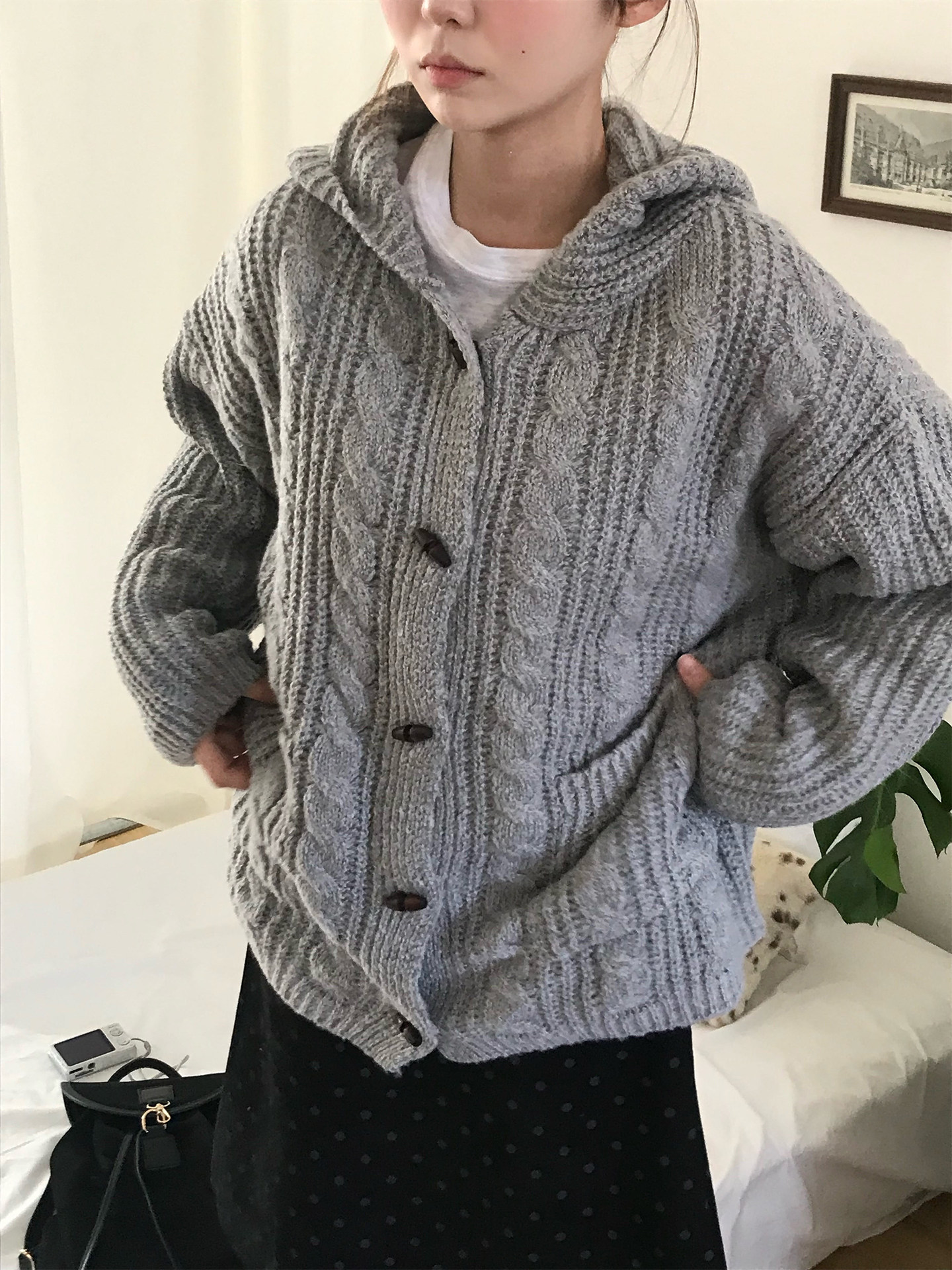 Women's Gray Hooded Button Knit Sweater Jacket - Image 2