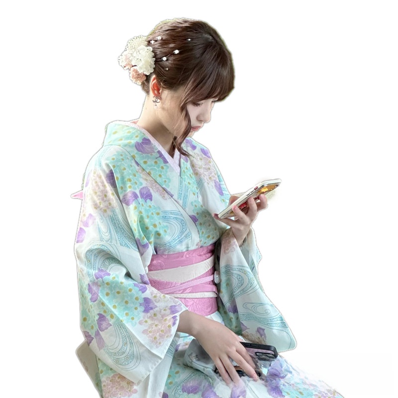 Womens Light Blue Long Kimono Yukata Dress with Girdle and Fan Headdress - Image 4