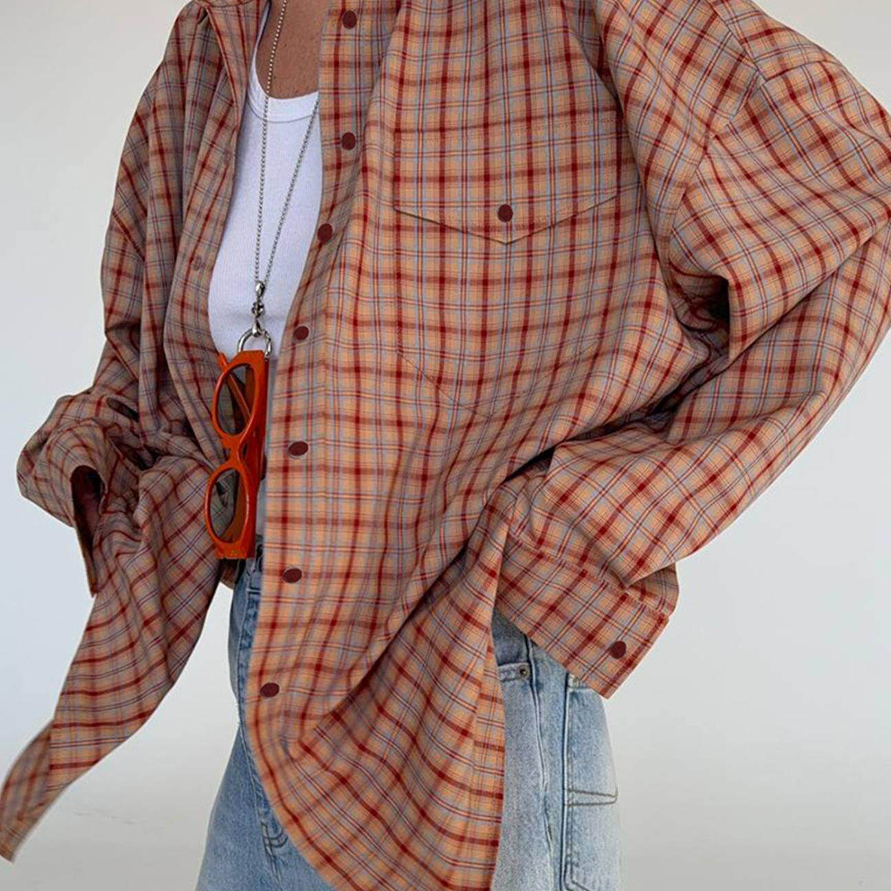 Loose Retro Plaid Long Sleeve Shirt - Image 2