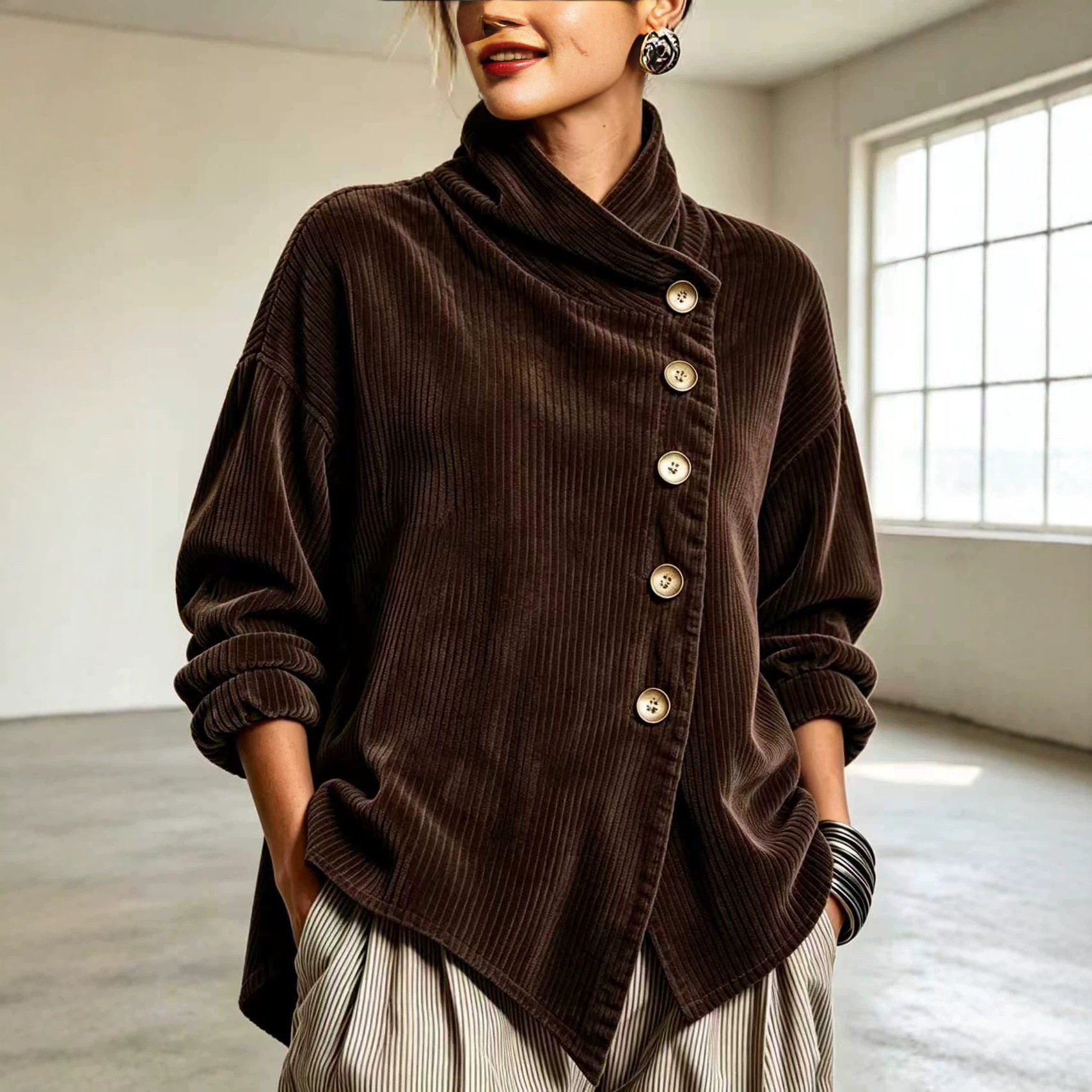 Women's Autumn Winter Corduroy Asymmetric Off-Shoulder Jacket - Image 3