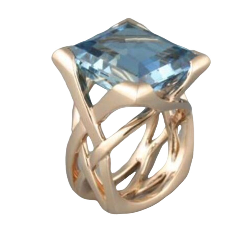 Gold Hollow Geometric Ring with Square Blue Zircon Inlay for Unisex - Image 4
