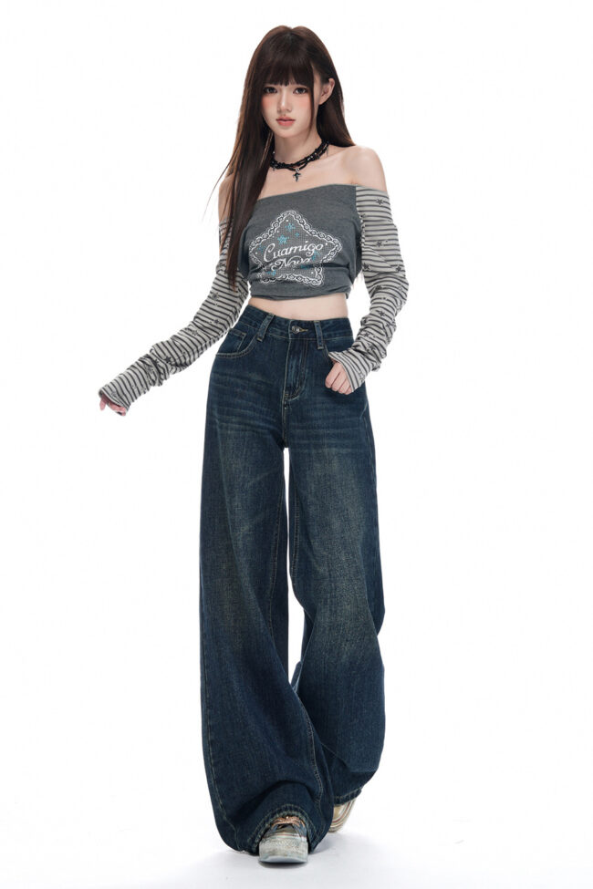 The Amandine High Waisted Wide Leg Retro Vintage Blue Denim Jeans Detail – La Rose Couture Trousers & Skirts