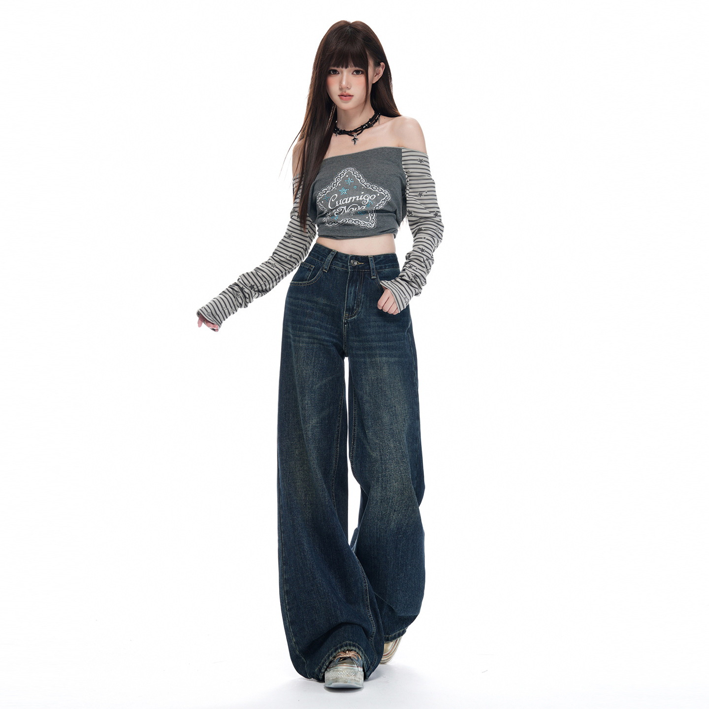 Women's High-Waisted Wide-Leg Retro Vintage Blue Denim Jeans - Image 2